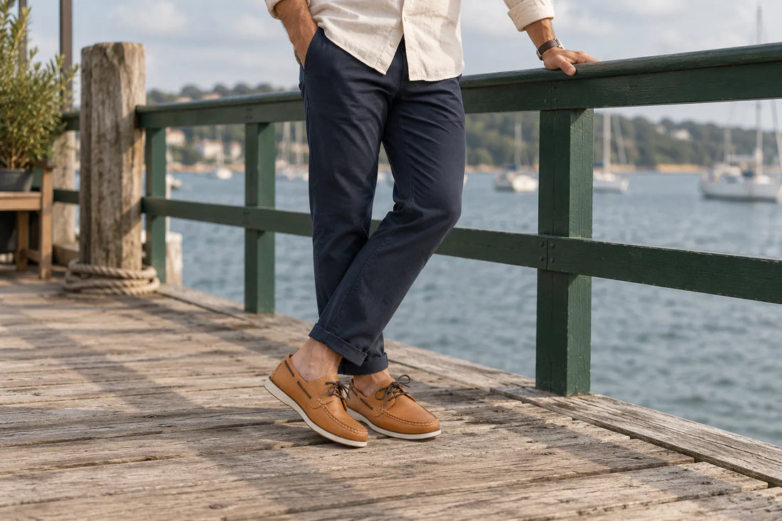 Mocassins casuais Louford usados em uma cena de lifestyle ao ar livre