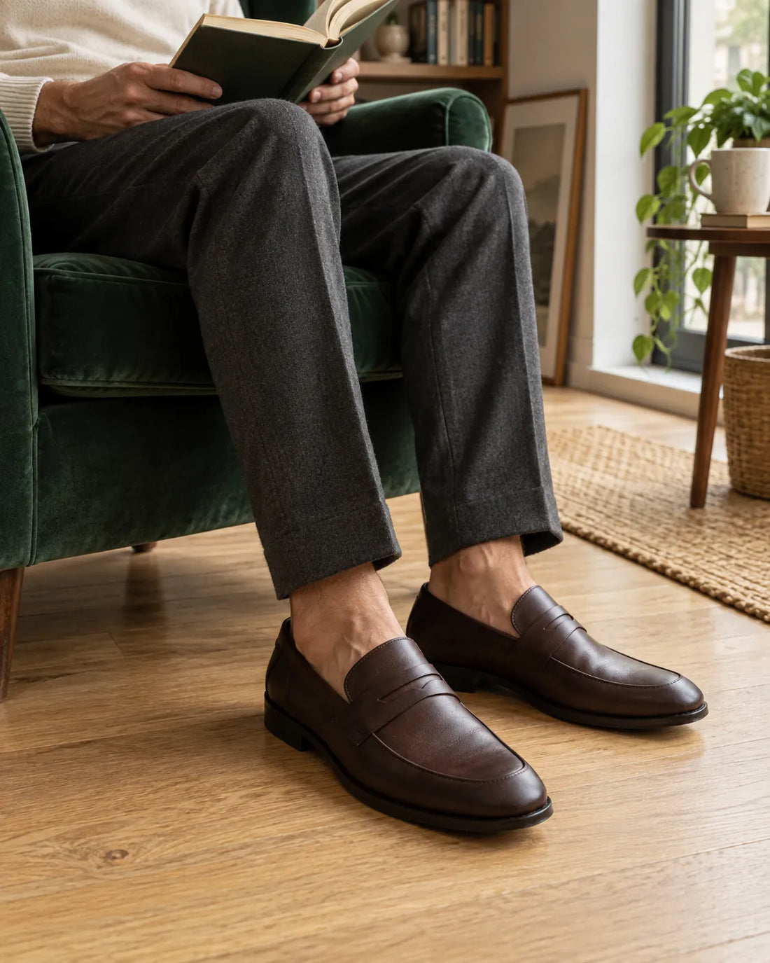 Mocassins de couro Louford com alfaiataria escura em um momento de leitura