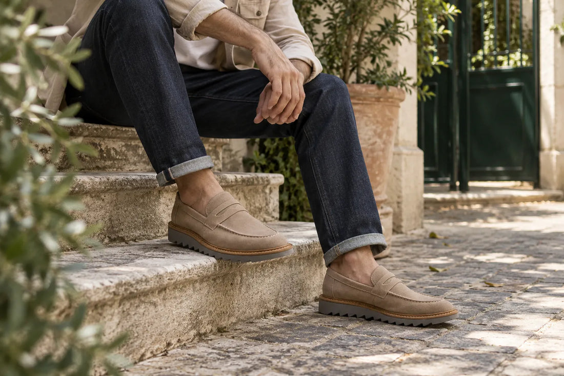 Mocassins tratorados Louford usados em uma cena de lifestyle ao ar livre