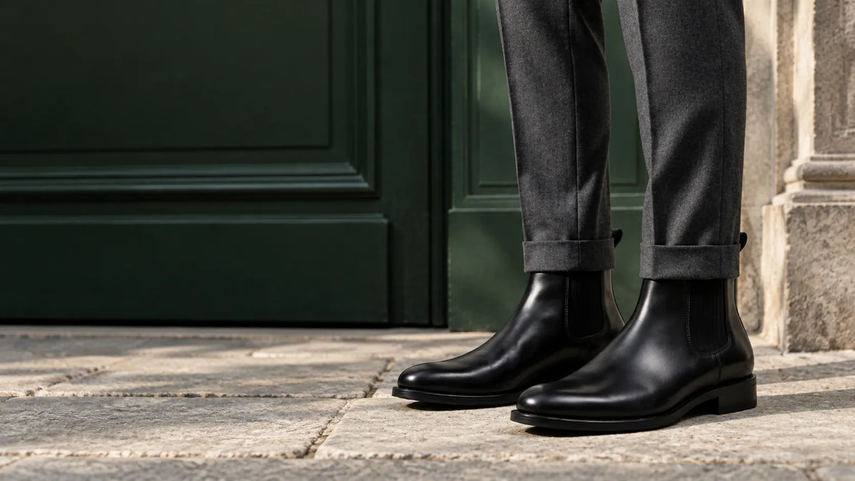 Botas Chelsea Clássicas pretas Louford usadas com alfaiataria cinza em uma cena de lifestyle.