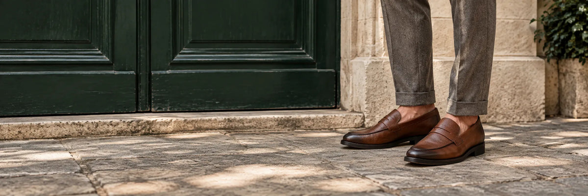 Banner panorâmico de mocassins de couro Louford usados em uma cena de lifestyle
