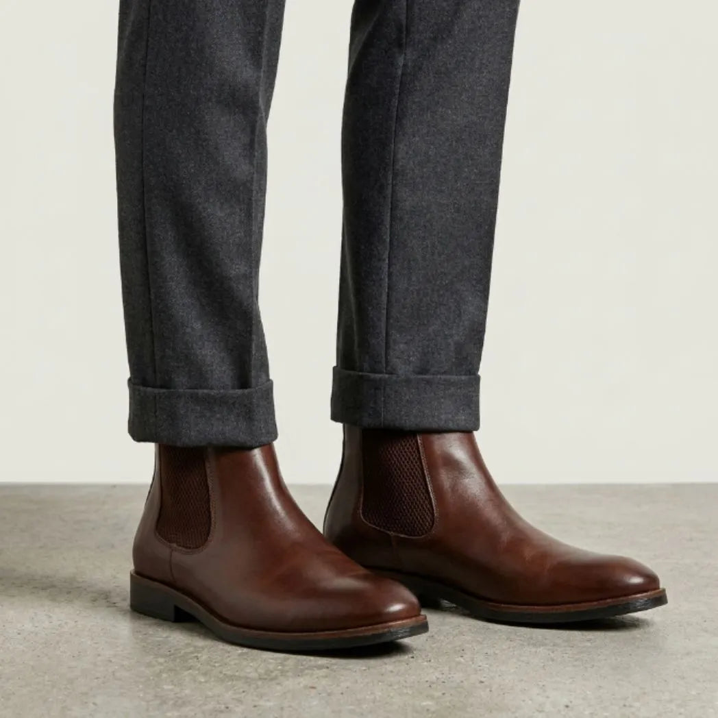 botas Chelsea Milan marrons usadas com calça cinza de barra dobrada.