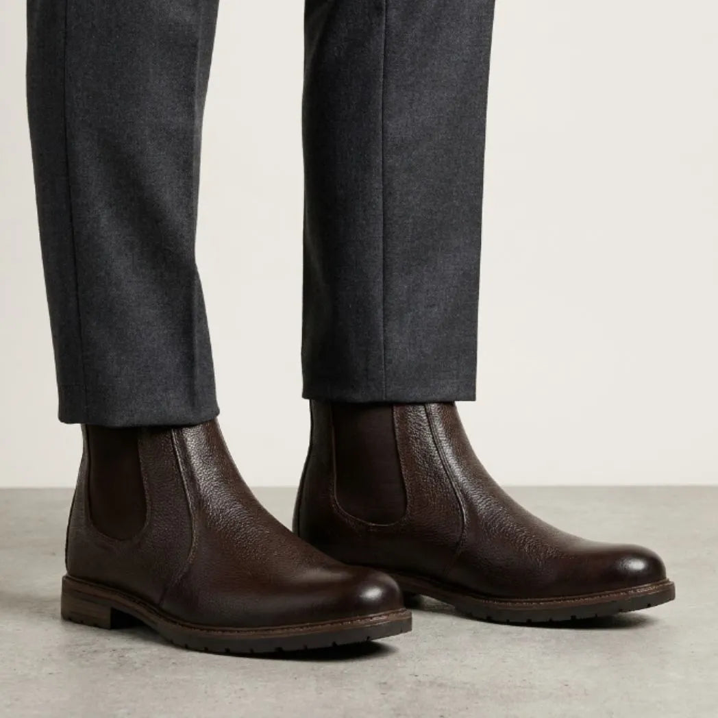 botas Chelsea Vitiello marrons usadas com calça cinza de barra dobrada.