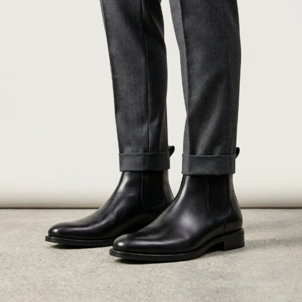botas Chelsea Clássicas pretas usadas com calça cinza de barra dobrada.