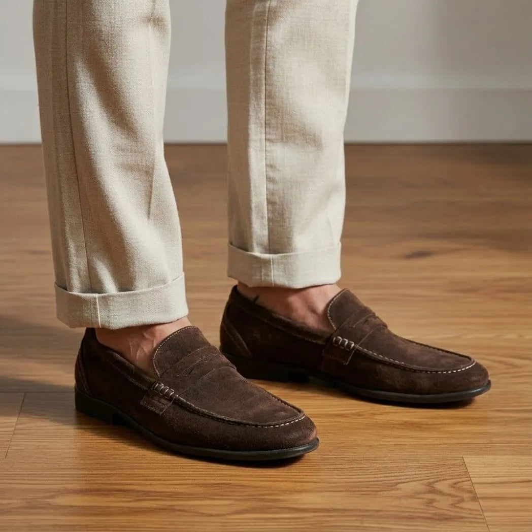 Mocassim Penny Loafer Milano Cognac: par marrom-escuro usado com calça clara dobrada na barra.