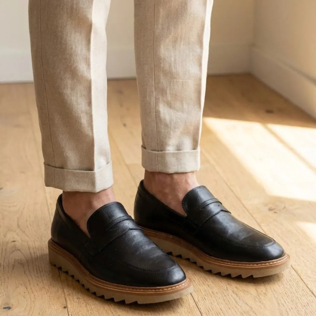Mocassim Ash Tratorado Preto: modelo nos pés.