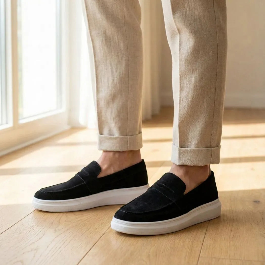 Mocassim Derby de Camurça: par preto com sola branca usado com calça bege dobrada na barra.