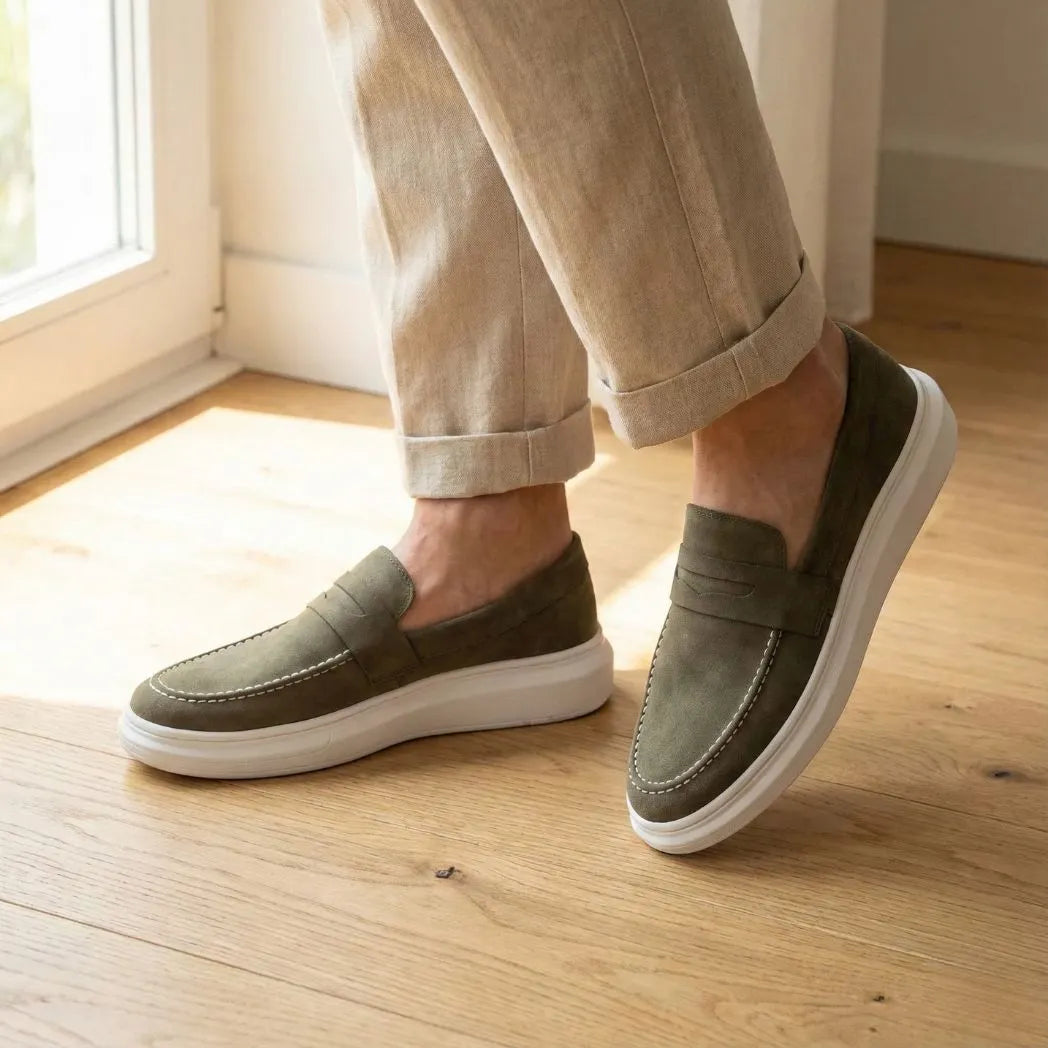 Mocassim Derby de Camurça: par verde-oliva com sola branca usado com calça clara dobrada na barra.