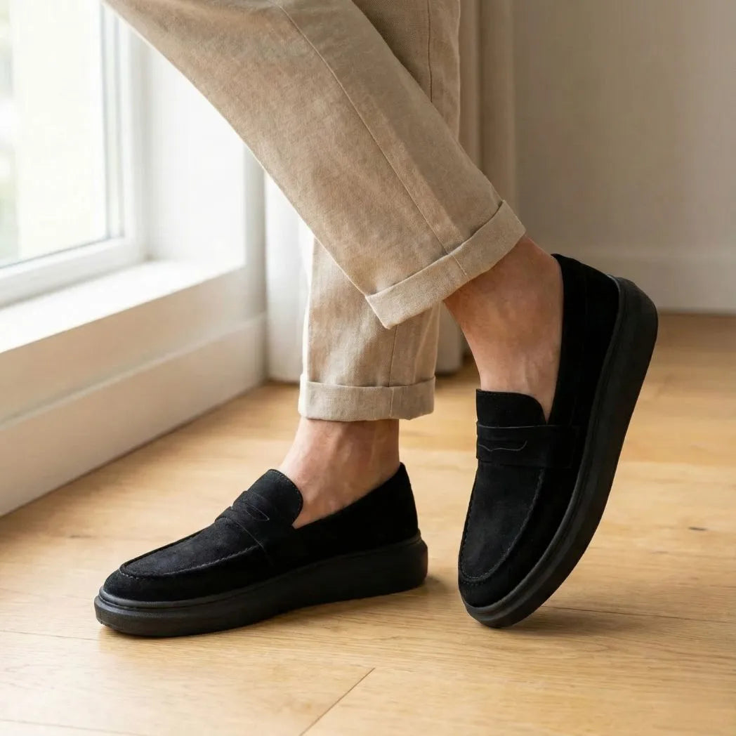 Mocassim Derby de Camurça: par preto com sola preta usado com calça clara dobrada na barra.