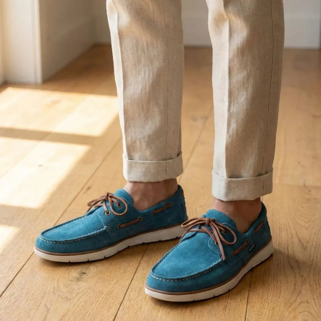 Mocassim Dockside de Camurça: par azul com cadarços marrons usado com calça bege dobrada na barra.
