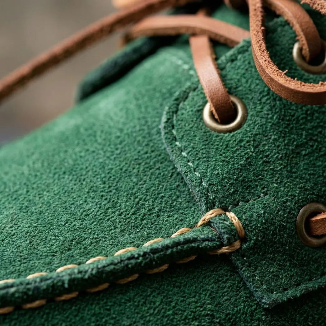 Mocassim Dockside de Camurça: detalhe da textura verde, dos ilhós dourados e da costura clara.