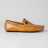 Mocassim Driver Cruise de Couro Laranja na cor laranja, em vista lateral.