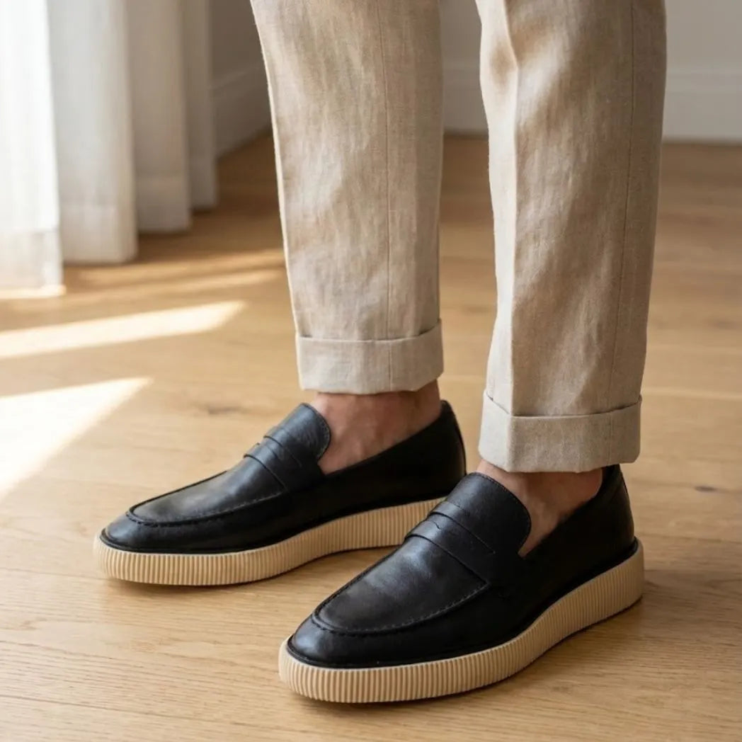 Mocassim Loafer Urban Londres de Couro: par preto com sola bege usado com calça clara dobrada na barra.