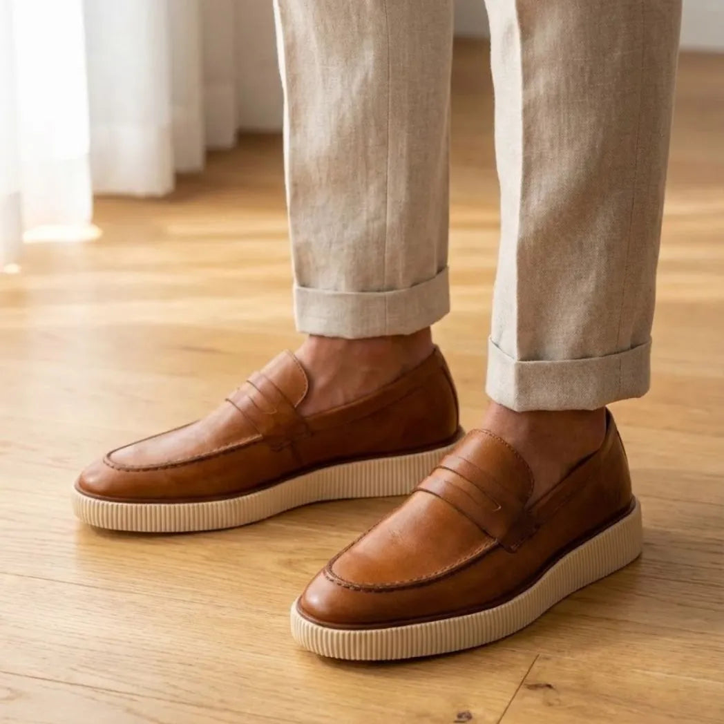 Mocassim Loafer Urban Londres de Couro: par marrom com sola bege usado com calça clara dobrada na barra.