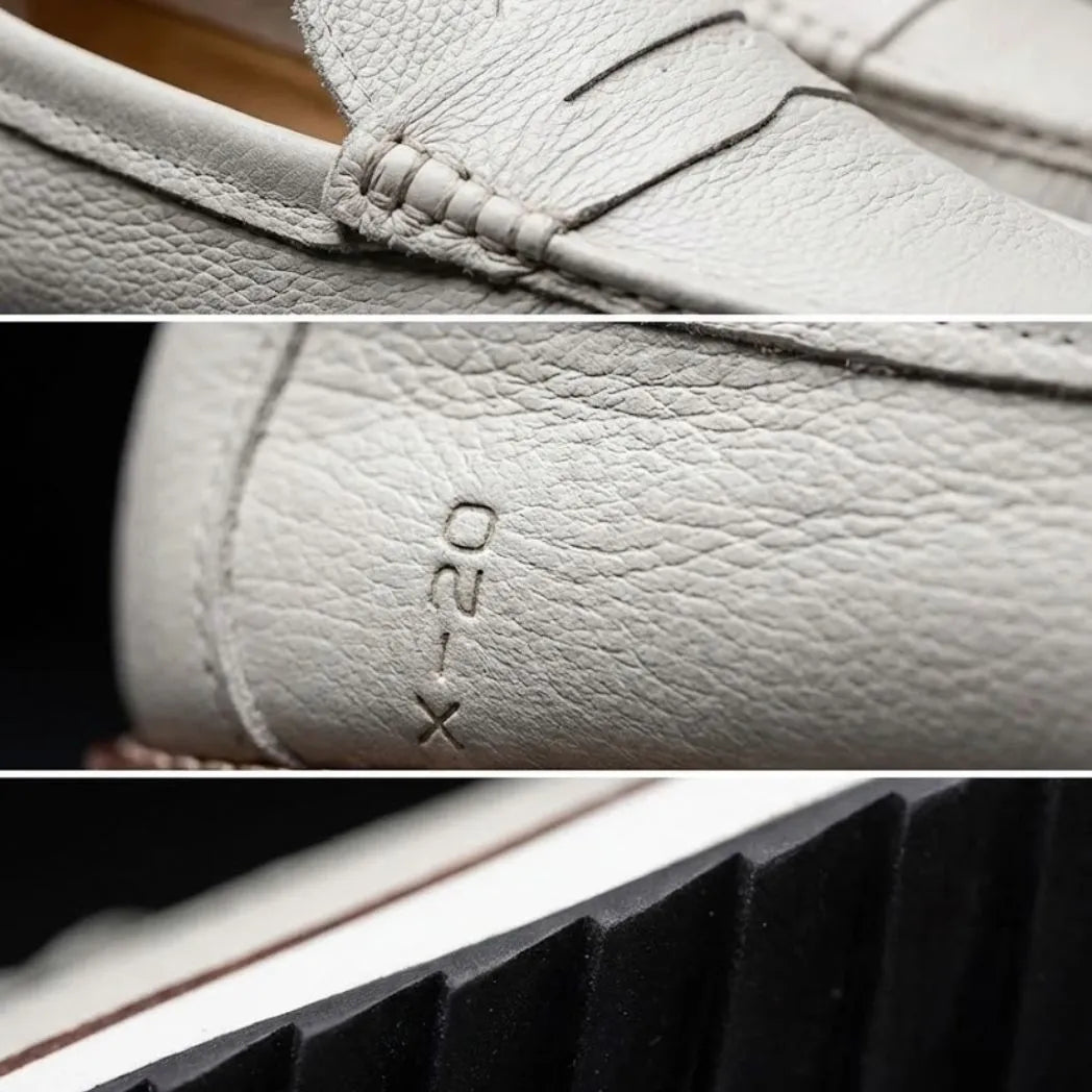 Mocassim Loafer de Couro Berlin Edição Limitada X-20: montagem de detalhes da superfície clara, da faixa frontal, da inscrição lateral e da sola preta.