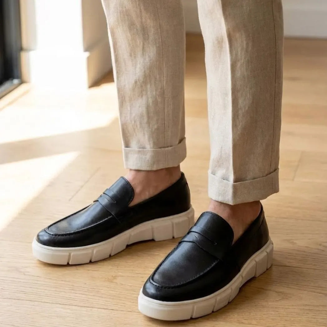 Mocassim Lunar Tratorado na cor preto, usado com calça clara de barra dobrada.