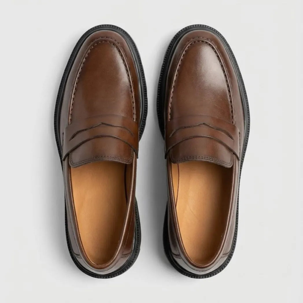 Par do modelo Mocassim Masculino Costurado Piettro, na cor marrom, visto de cima.