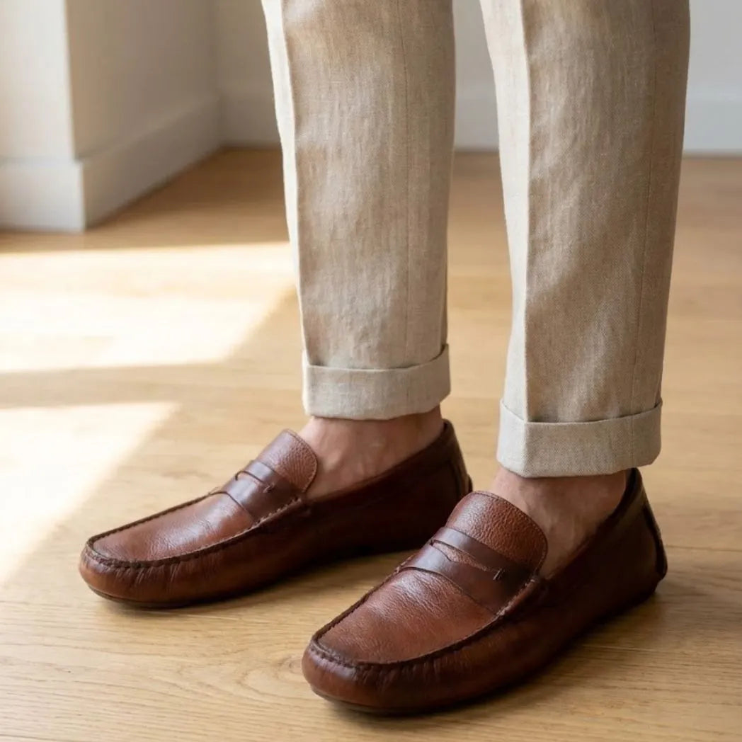 Mocassim Masculino Driver de Couro: modelo nos pés.