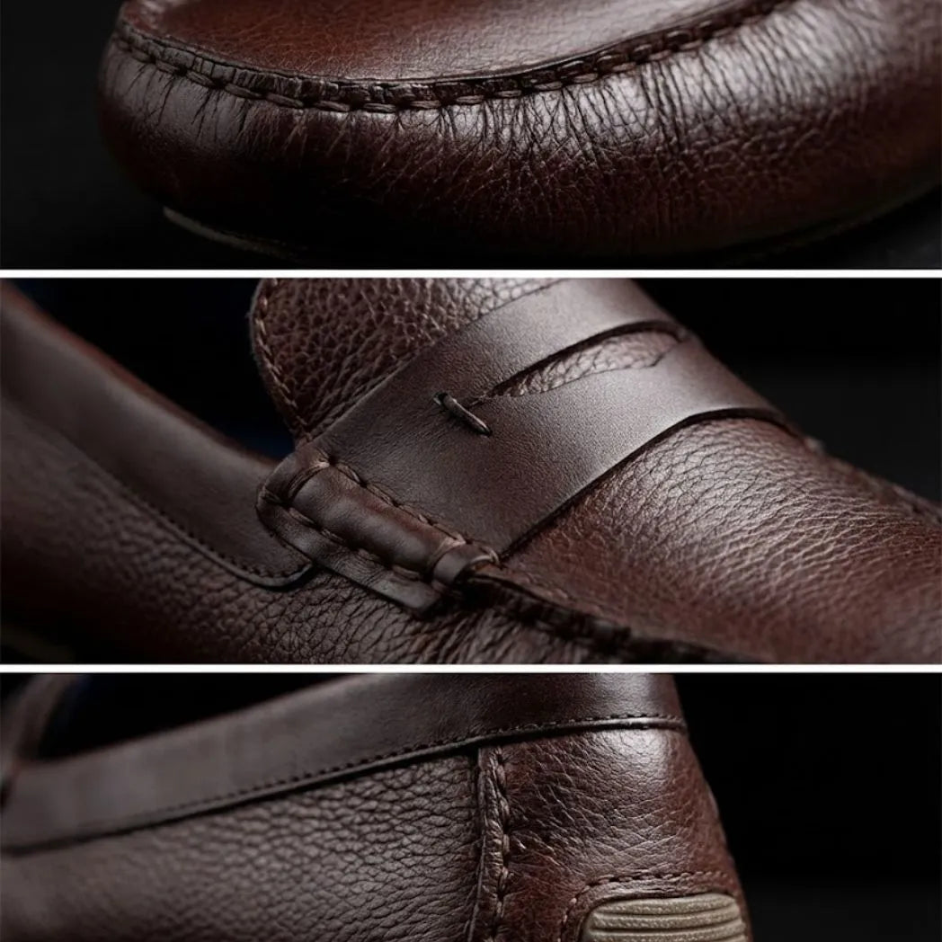 Mocassim Masculino Driver de Couro: montagem de detalhes da superfície marrom-escura, da costura frontal, da faixa e da parte traseira.