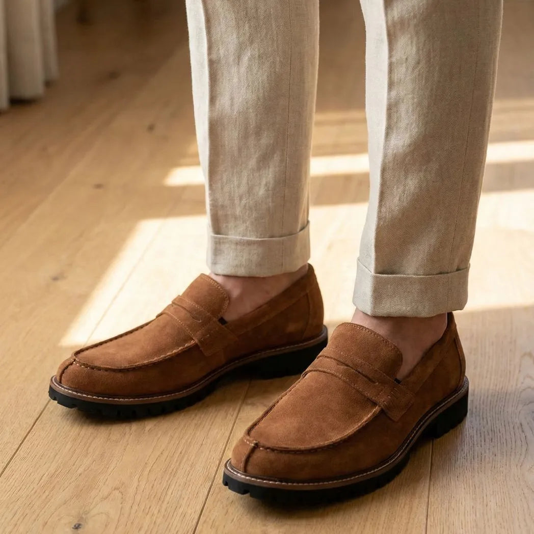 Mocassim Masculino Siena Loafer Camurça: par marrom usado com calça bege dobrada na barra.