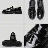 Montagem com vistas lateral, superior, solado e detalhe do Mocassim Obsidian de Couro na cor preto.