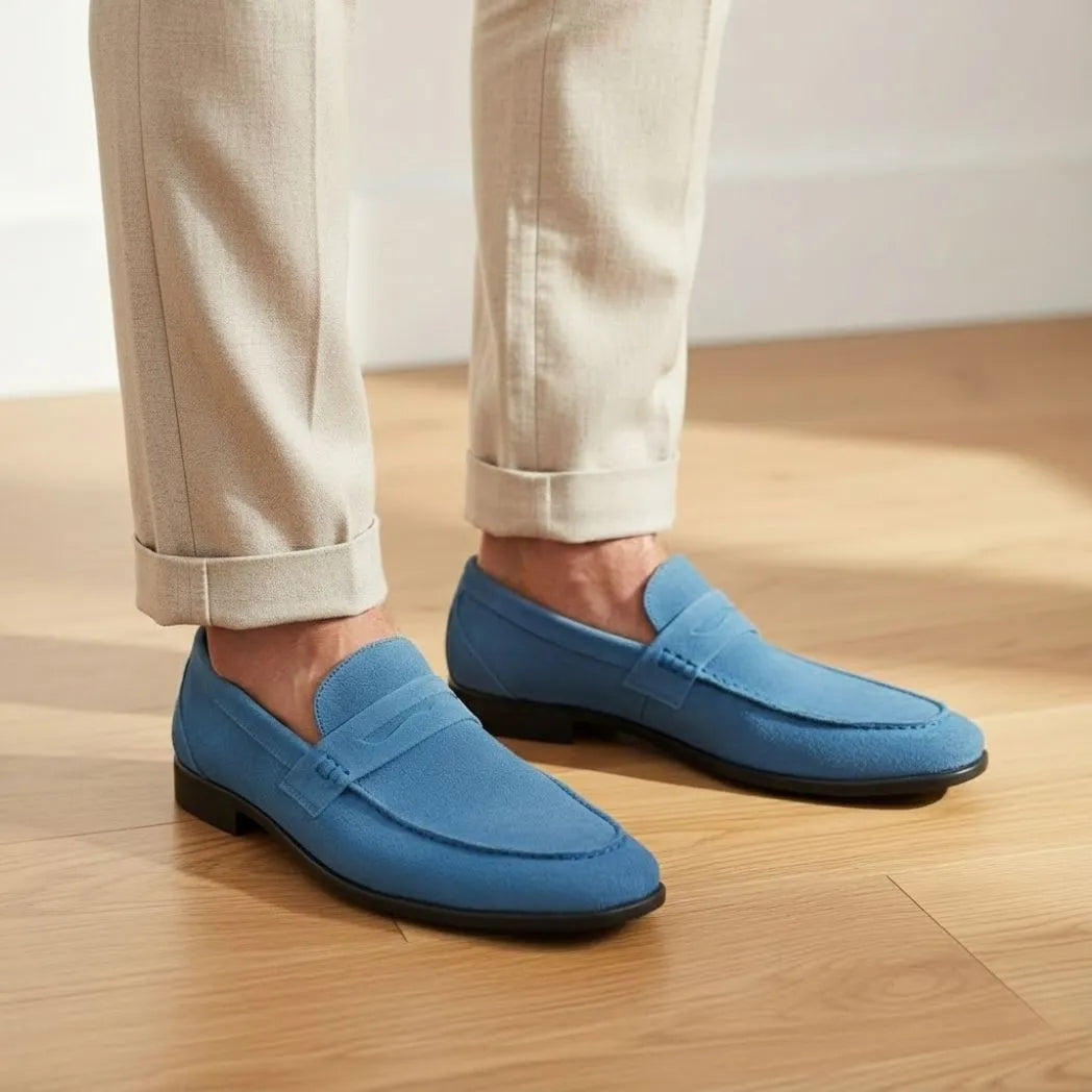Mocassim Penny Loafer Milano Cognac: par azul usado com calça clara dobrada na barra.