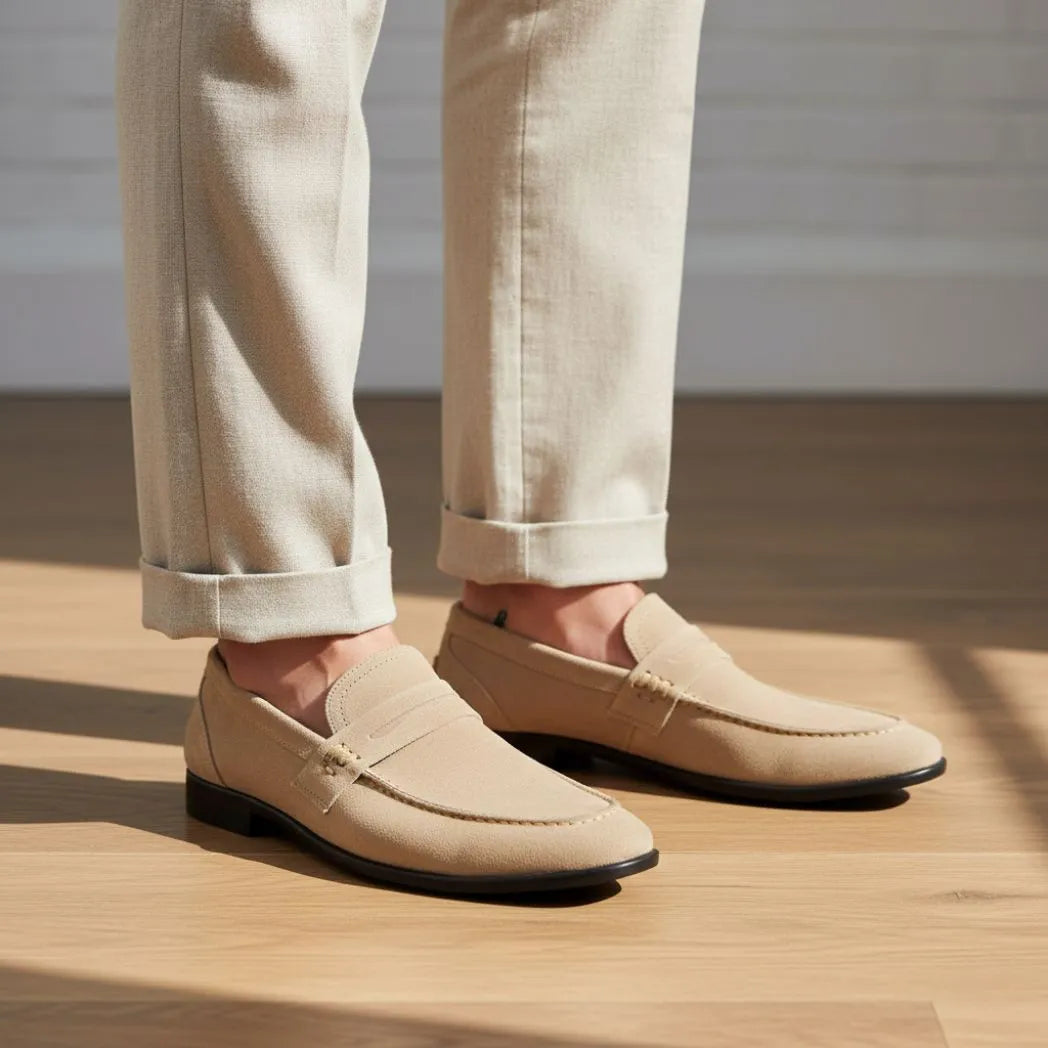 Mocassim Penny Loafer Milano Cognac: par bege usado com calça clara dobrada na barra.