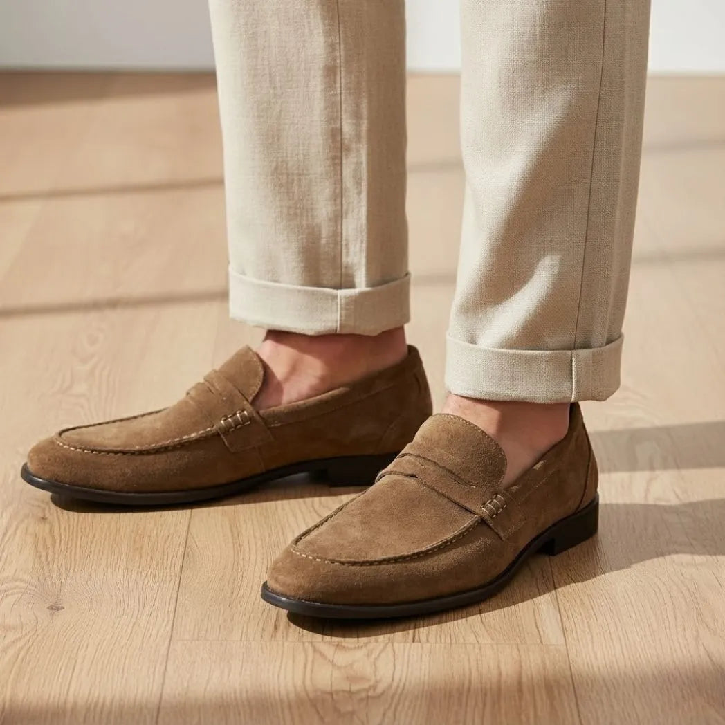 Mocassim Penny Loafer Milano Cognac: par marrom-claro usado com calça clara dobrada na barra.