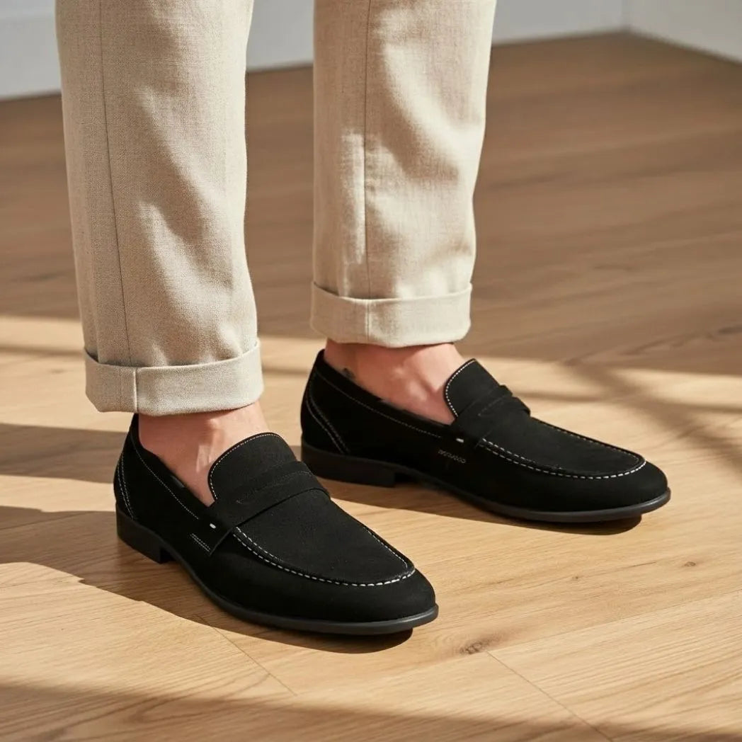 Mocassim Penny Loafer Milano Cognac: par preto usado com calça clara dobrada na barra.