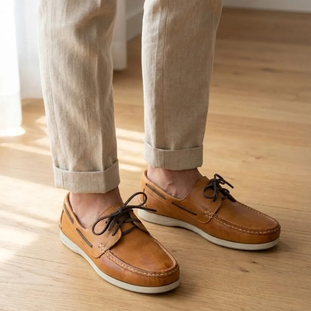 Mocassim Sider de Couro Bege: modelo nos pés.