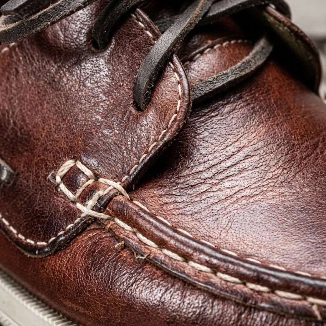 Mocassim Sider de Couro: detalhe da superfície marrom, dos cadarços e da costura clara na parte frontal.