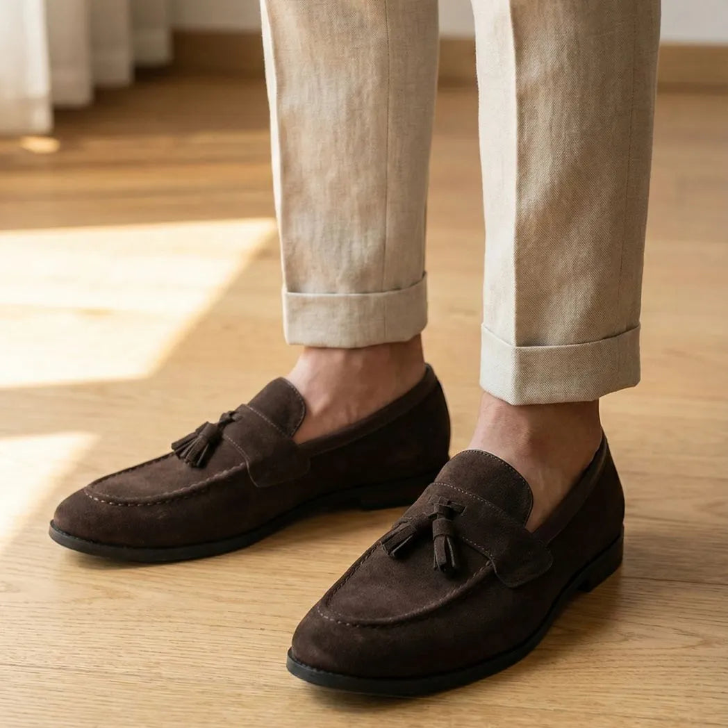 Mocassim Tassel de Camurça Premium: par marrom com enfeites de franjas usado com calça clara dobrada na barra.