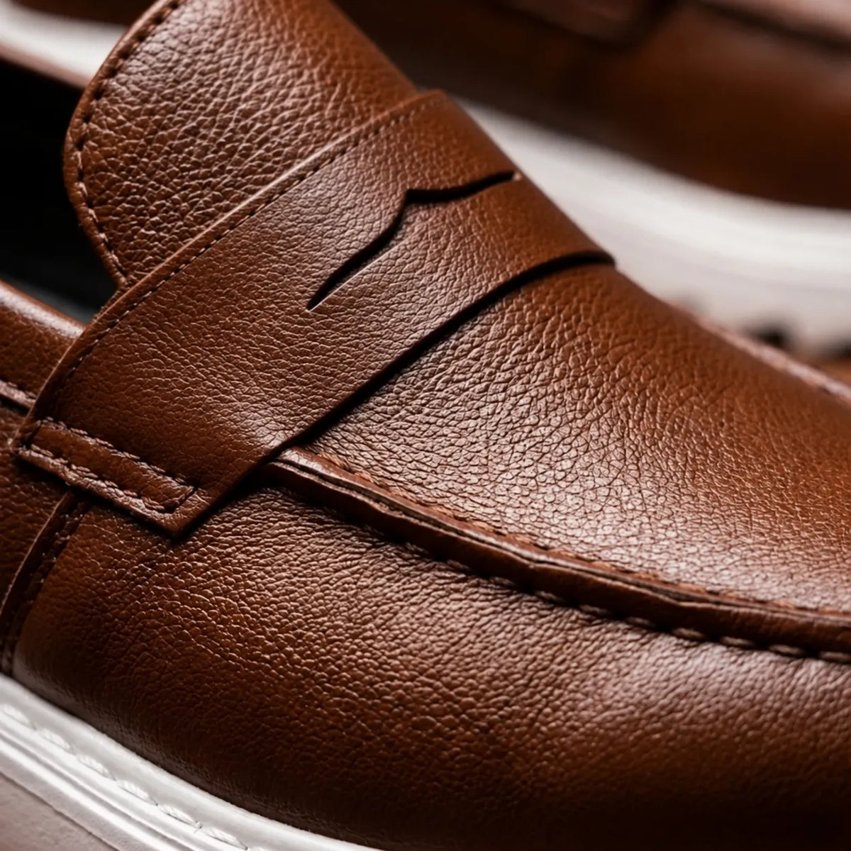 Detalhe do mocassim Torino Ripple em couro marrom, com faixa penny sem metal e solado branco.