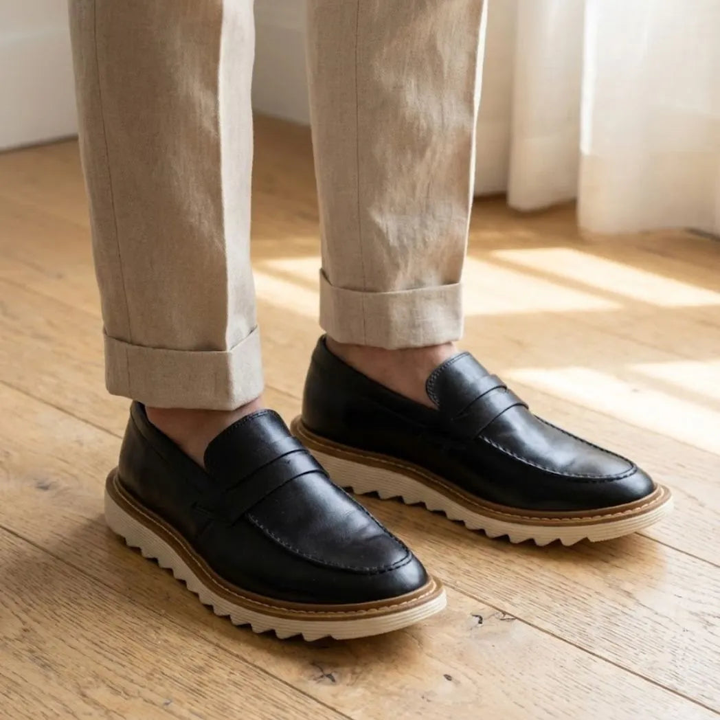 Mocassim Tratorado Siena Ripple na cor preto, usado com calça clara de barra dobrada.