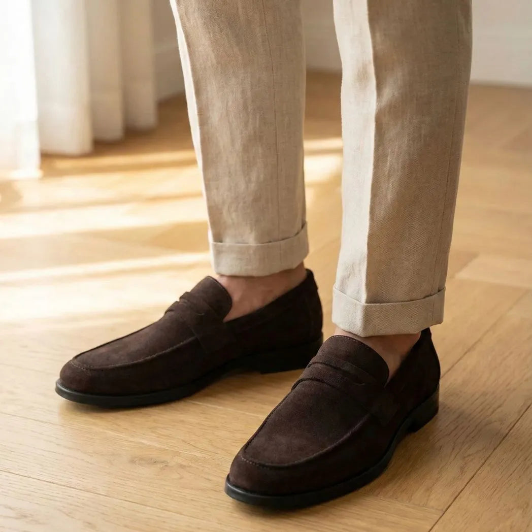 Mocassim Turim Loafer Camurça Marrom: par marrom-escuro usado com calça bege dobrada na barra.
