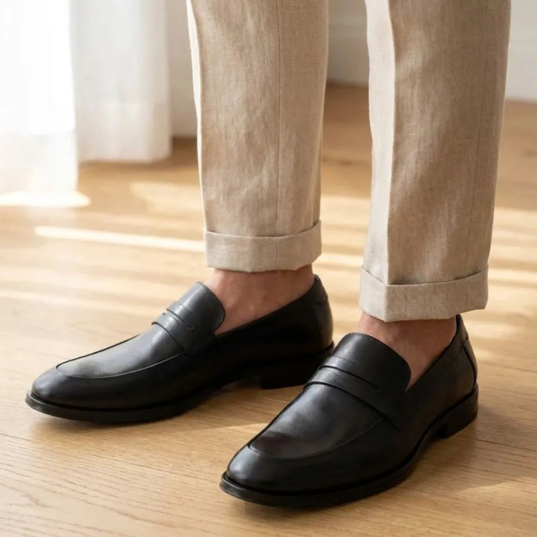Mocassim Turim Loafer Couro: modelo nos pés.