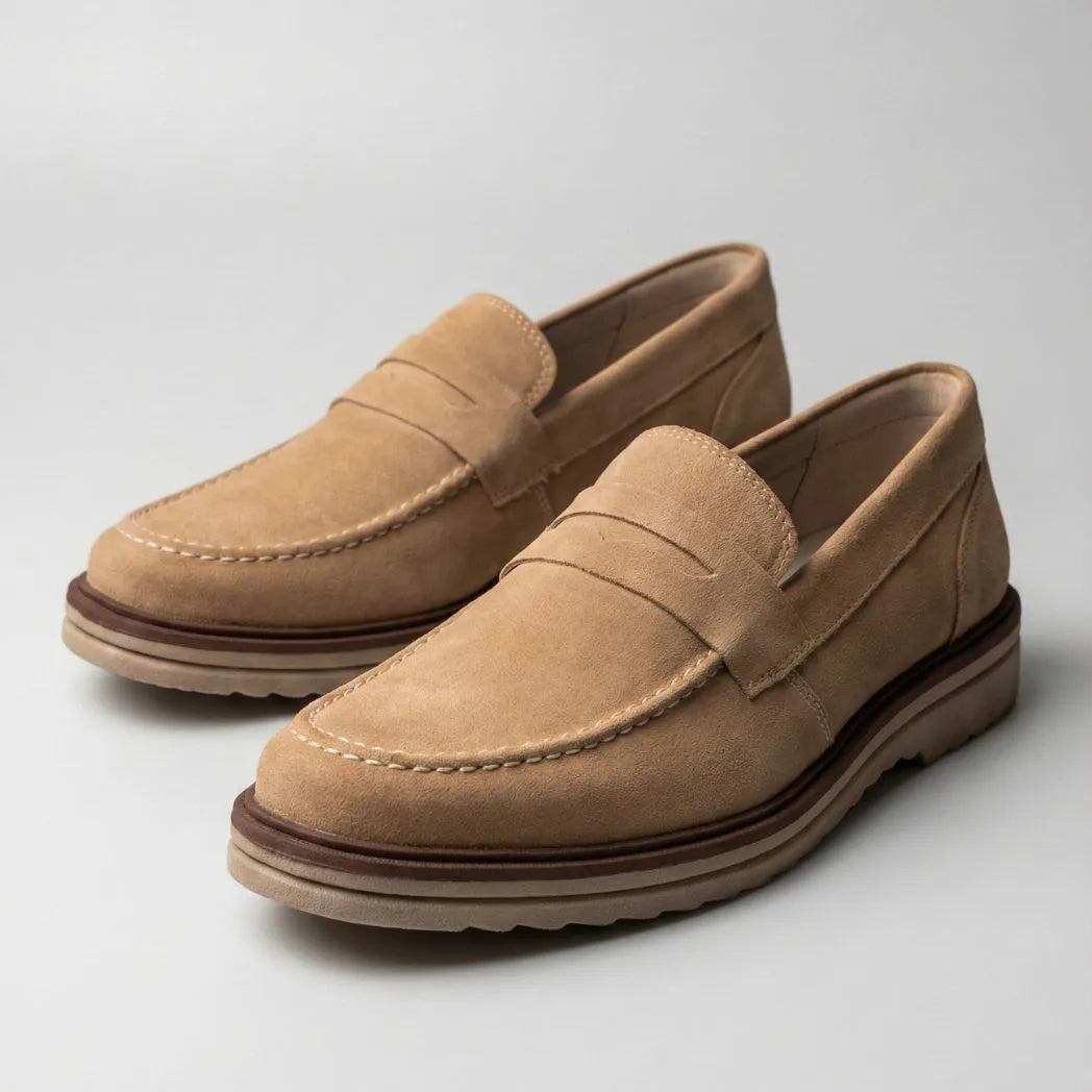 Mocassim de Camurça Monaco Edition: par bege em vista diagonal, com faixa frontal e costura clara.