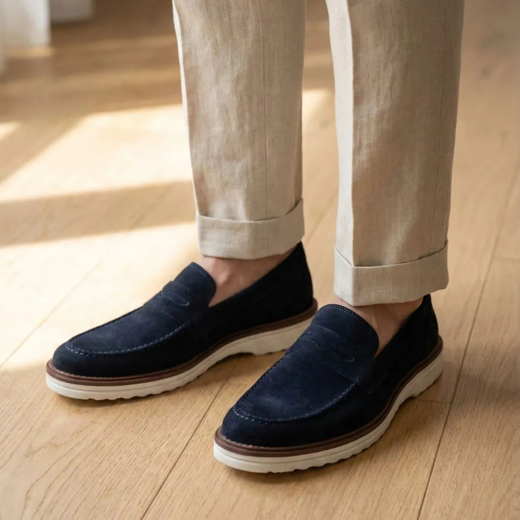 Mocassim de Camurça Monaco Edition: par azul-escuro usado com calça bege dobrada na barra.