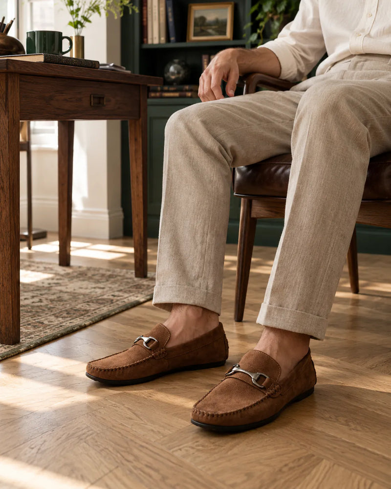 Mocassins com fivela Louford em uma sala de leitura