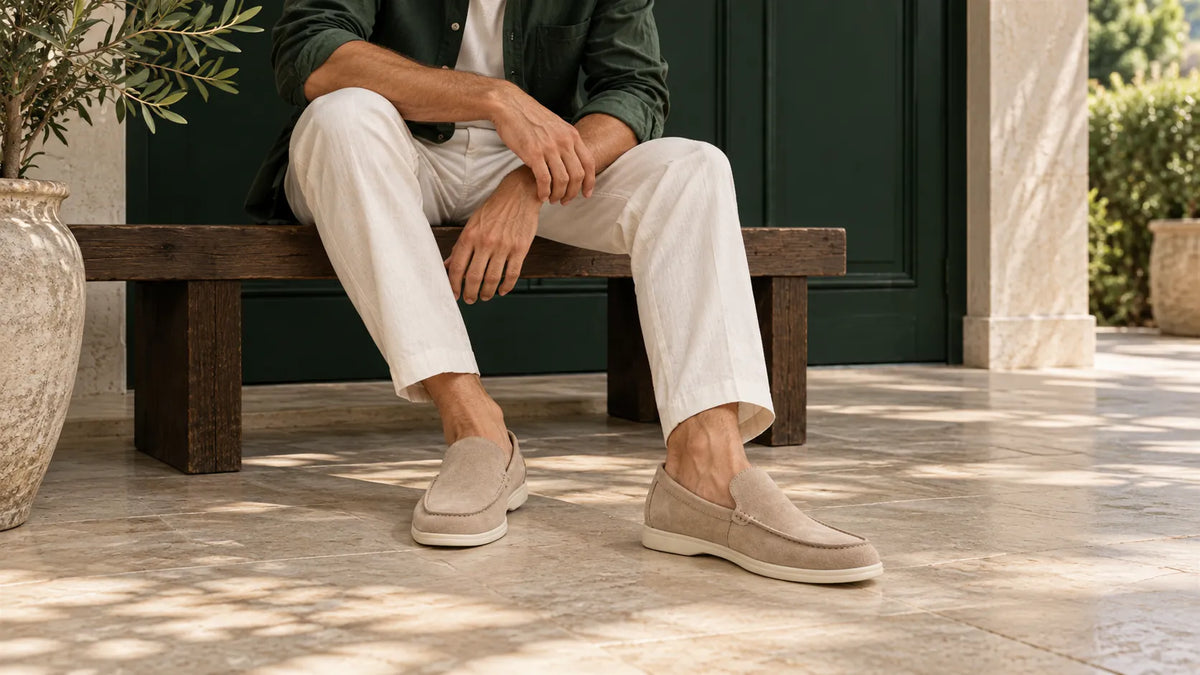 Campanha Louford: homem de camisa verde e calça clara usando mocassins de camurça bege, sentado em banco de madeira junto a plantas.