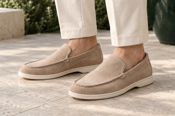 Mocassins Louford de camurça bege usados com calça clara, em fotografia de lifestyle focada nos calçados.