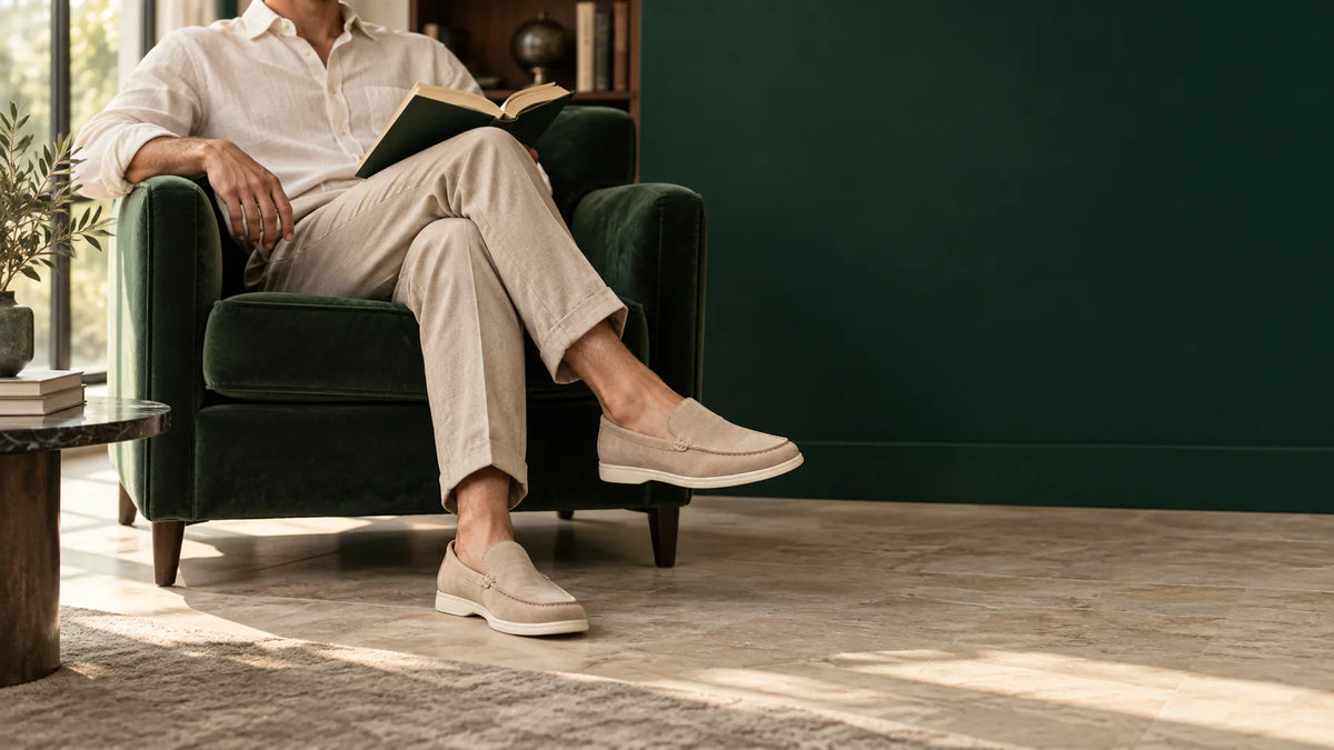 Campanha Louford: homem de camisa clara e calça bege lendo em poltrona verde, com mocassins de camurça bege; parede verde-escura ao fundo.